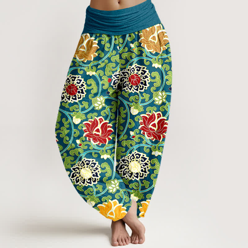 Buddha Stones Pantaloni harem da donna in puro cotone, stile bohémien, con elastico in vita e fantasia a loto. - image 0