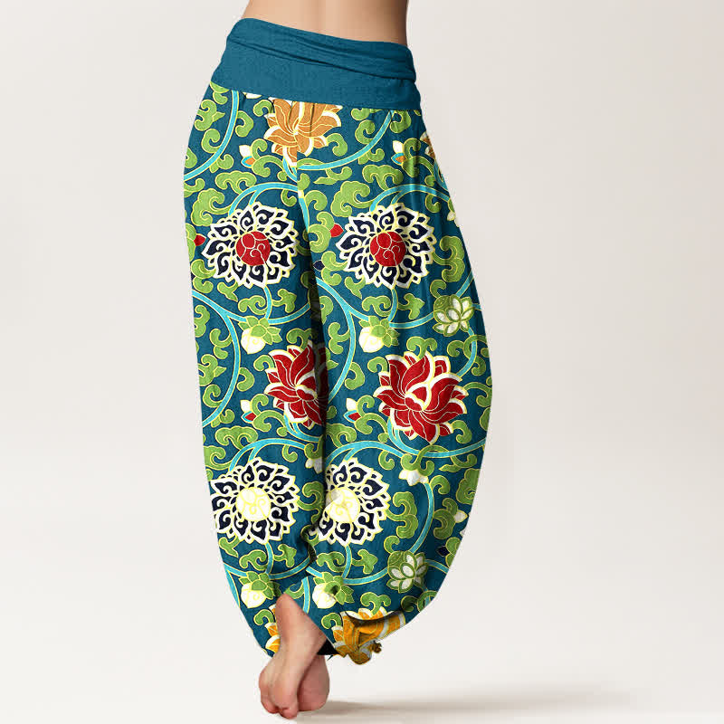 Buddha Stones Pantaloni harem da donna in puro cotone, stile bohémien, con elastico in vita e fantasia a loto. - image 1