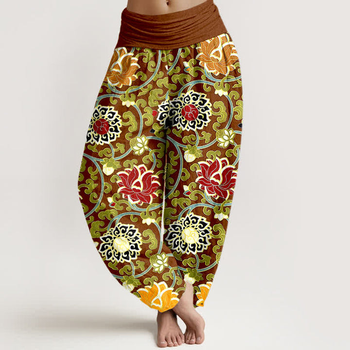 Buddha Stones Pantaloni harem da donna in puro cotone, stile bohémien, con elastico in vita e fantasia a loto. - image 5