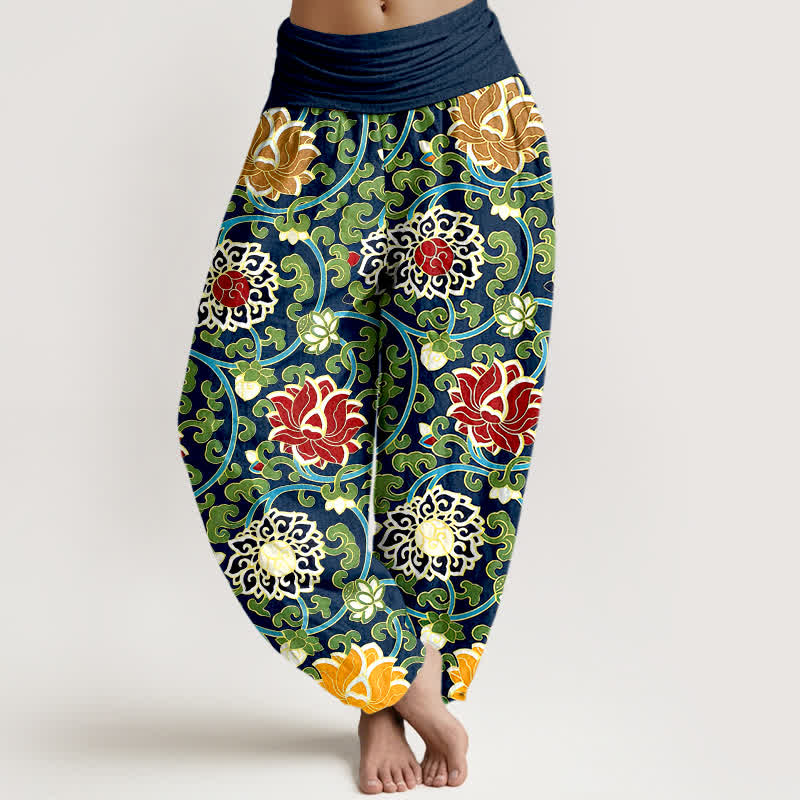 Buddha Stones Pantaloni harem da donna in puro cotone, stile bohémien, con elastico in vita e fantasia a loto. - image 8