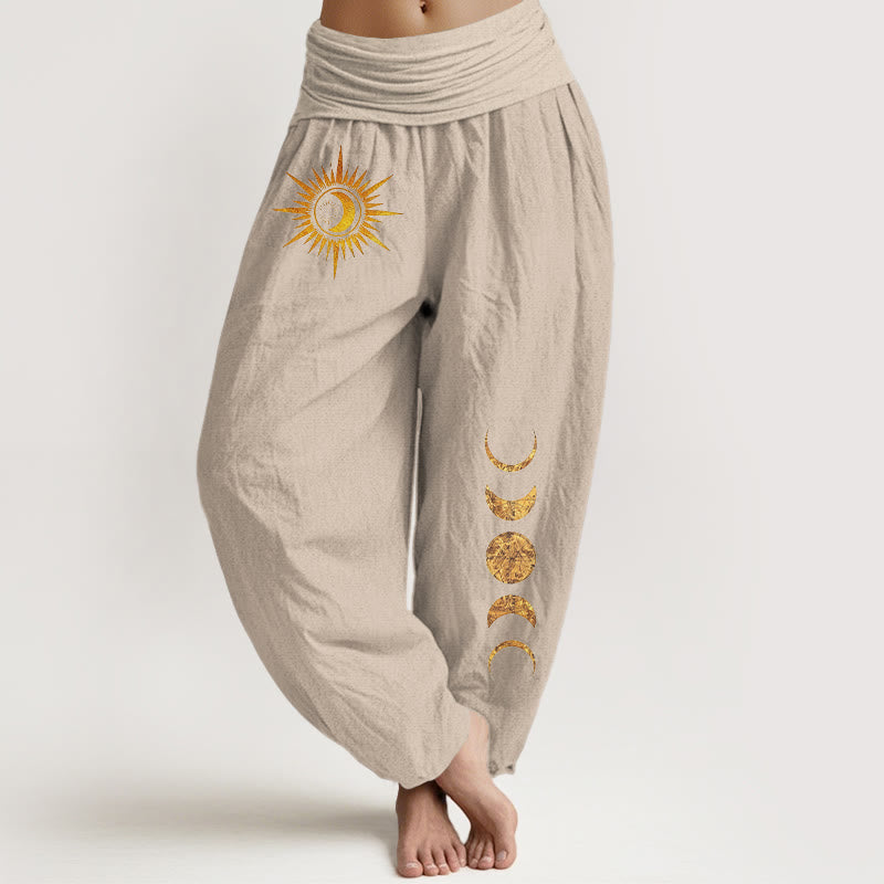 Buddha Stones Pantaloni harem da donna in puro cotone con elastico in vita e fantasia a fasi lunari e sole dorate. - Tan - US16, UK/AU20, EU48 (3XL) - image 5