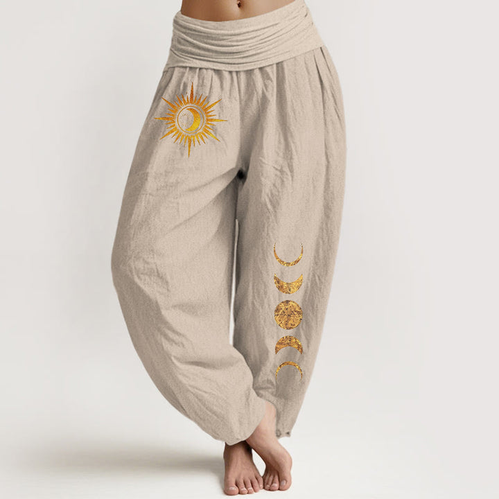 Buddha Stones Pantaloni harem da donna in puro cotone con elastico in vita e fantasia a fasi lunari e sole dorate. - Tan - US16, UK/AU20, EU48 (3XL) - image 5