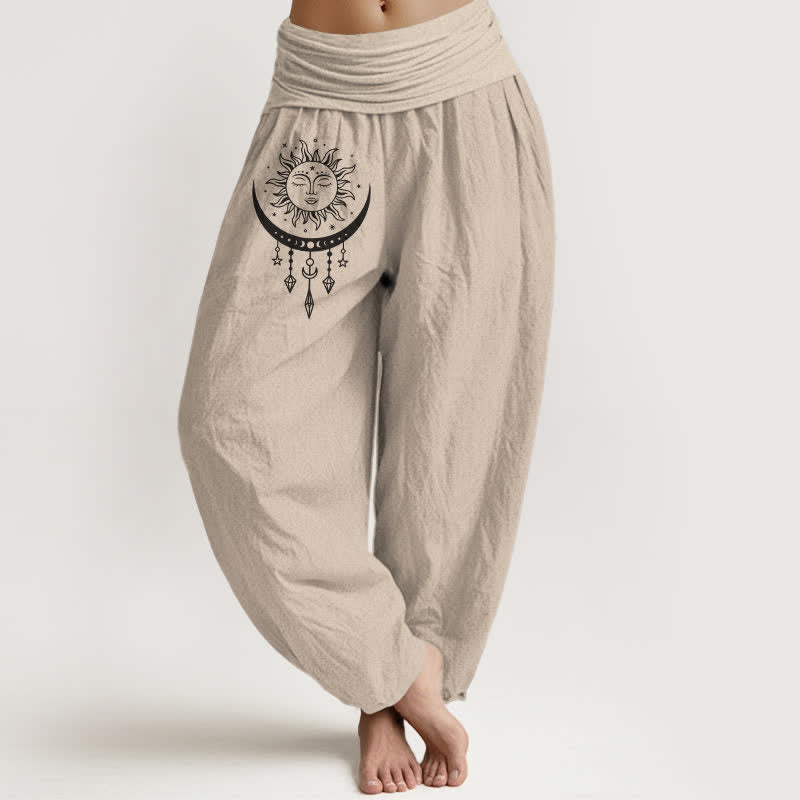 Buddha Stones Pantaloni harem da donna in puro cotone con motivo sole, luna, stelle e nappine, con elastico in vita. - Tan - US16, UK/AU20, EU48 (3XL) - image 0
