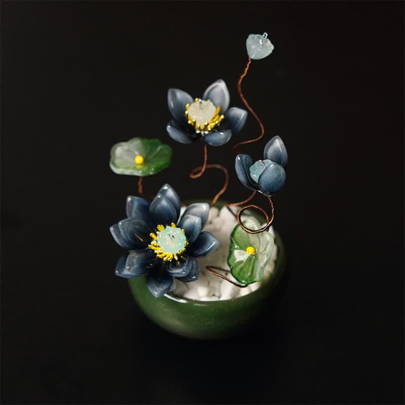 Buddha Stones Vaso da fiori Lotus Liuli fatto a mano, decorazione per uno stile di vita consapevole - Blu scuro - image 0