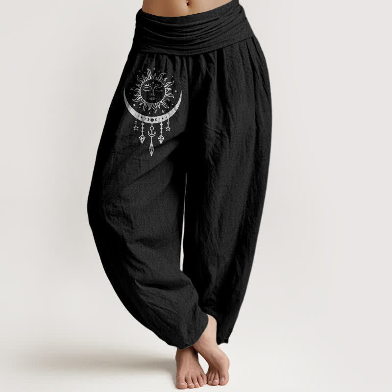 Buddha Stones Pantaloni harem da donna in puro cotone con motivo sole, luna, stelle e nappine, con elastico in vita. - Nero - US16, UK/AU20, EU48 (3XL) - image 5