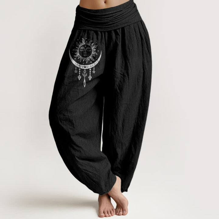 Buddha Stones Pantaloni harem da donna in puro cotone con motivo sole, luna, stelle e nappine, con elastico in vita. - Nero - US16, UK/AU20, EU48 (3XL) - image 5