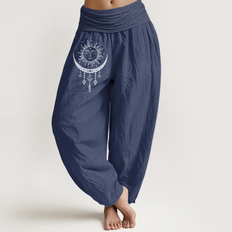 Buddha Stones Pantaloni harem da donna in puro cotone con motivo sole, luna, stelle e nappine, con elastico in vita. - Blu ardesia scuro - US16, UK/AU20, EU48 (3XL) - image 8