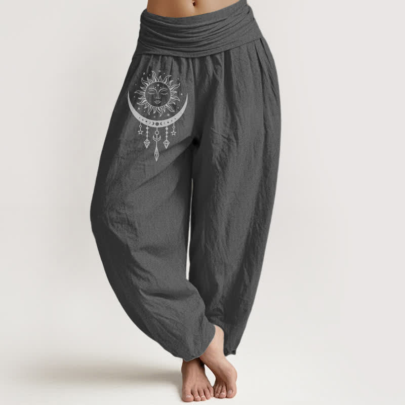 Buddha Stones Pantaloni harem da donna in puro cotone con motivo sole, luna, stelle e nappine, con elastico in vita. - Grigio tenue - US16, UK/AU20, EU48 (3XL) - image 11