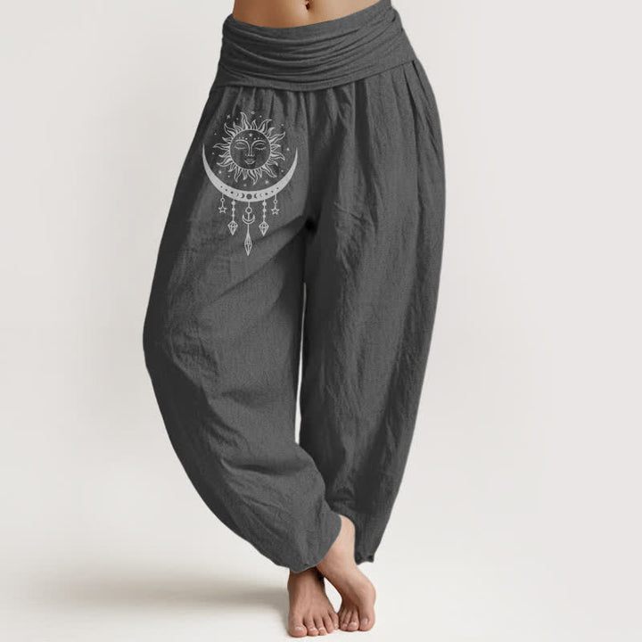 Buddha Stones Pantaloni harem da donna in puro cotone con motivo sole, luna, stelle e nappine, con elastico in vita. - Grigio tenue - US16, UK/AU20, EU48 (3XL) - image 11