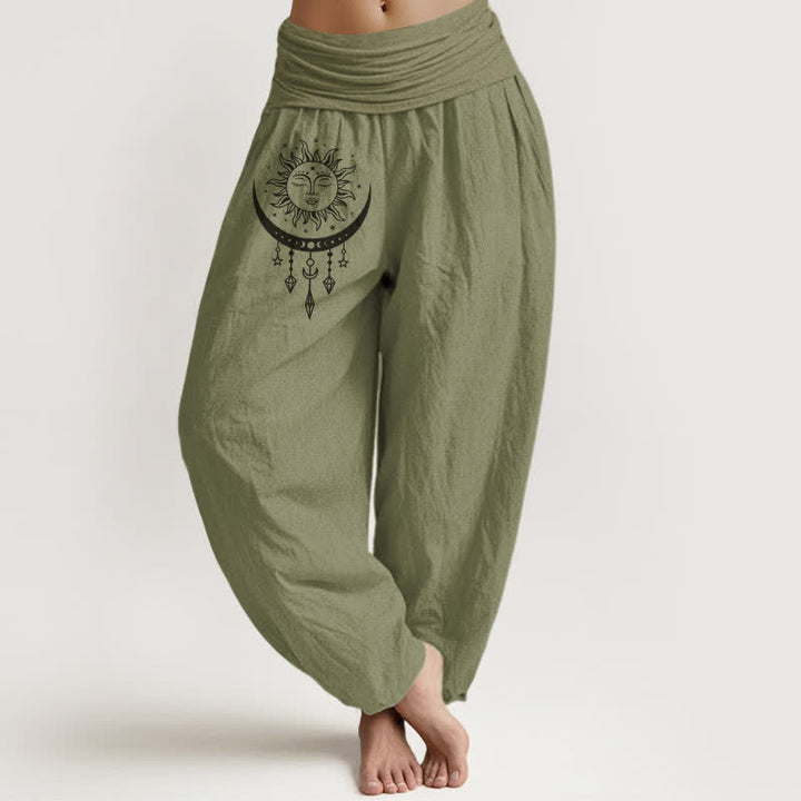 Buddha Stones Pantaloni harem da donna in puro cotone con motivo sole, luna, stelle e nappine, con elastico in vita. - Verde oliva - US16, UK/AU20, EU48 (3XL) - image 14