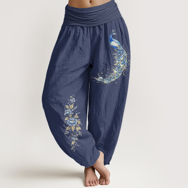 Buddha Stones Pantaloni harem da donna in puro cotone con motivo a fiori di pavone e elastico in vita. - Blu ardesia scuro - US16, UK/AU20, EU48 (3XL) - image 0