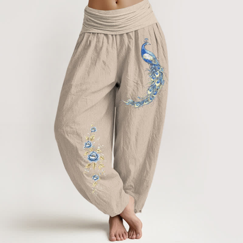 Buddha Stones Pantaloni harem da donna in puro cotone con motivo a fiori di pavone e elastico in vita. - Tan - US16, UK/AU20, EU48 (3XL) - image 5