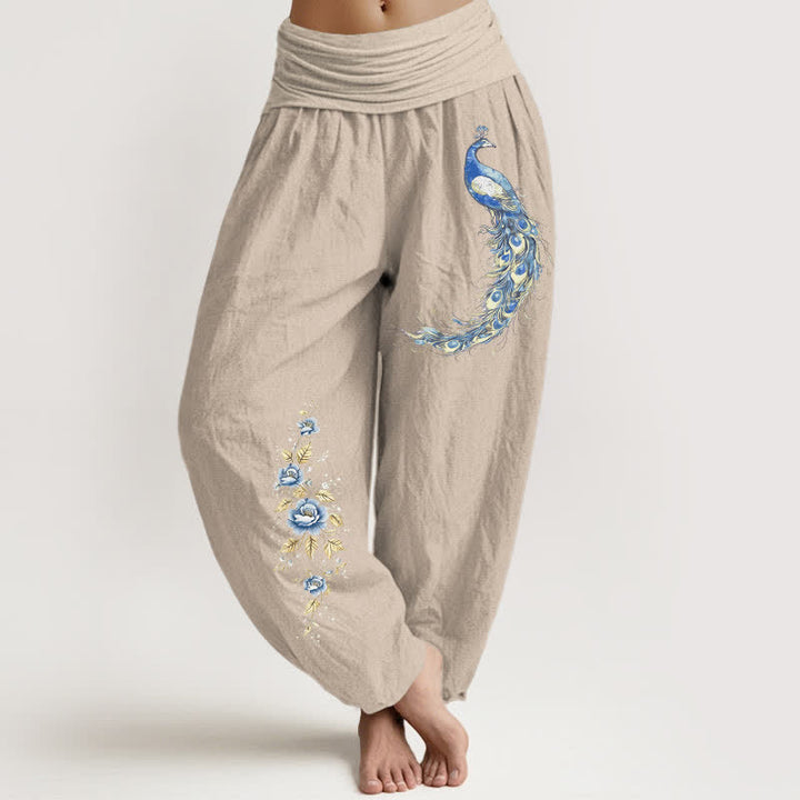 Buddha Stones Pantaloni harem da donna in puro cotone con motivo a fiori di pavone e elastico in vita. - Tan - US16, UK/AU20, EU48 (3XL) - image 5