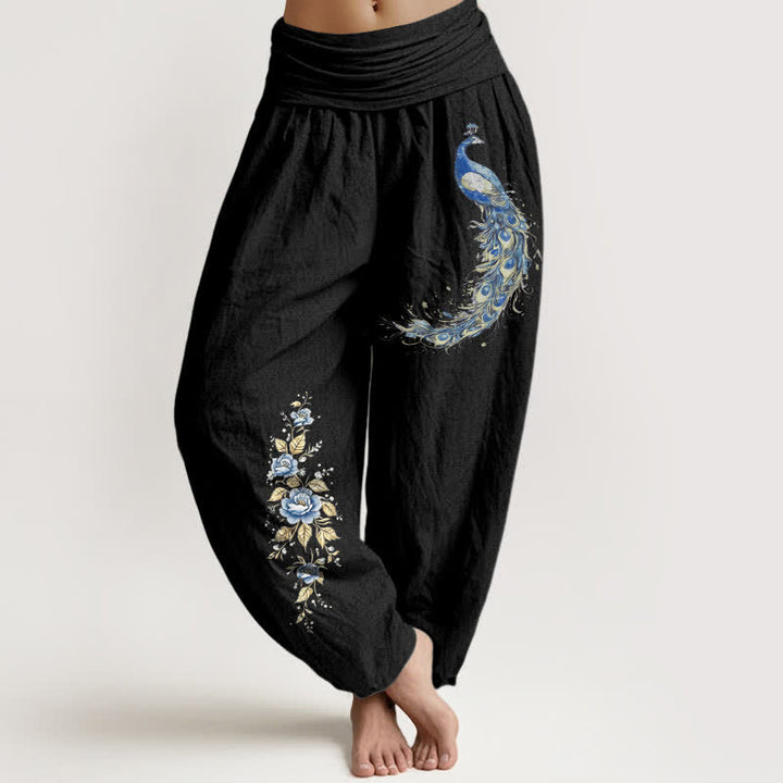 Buddha Stones Pantaloni harem da donna in puro cotone con motivo a fiori di pavone e elastico in vita. - Nero - US16, UK/AU20, EU48 (3XL) - image 8