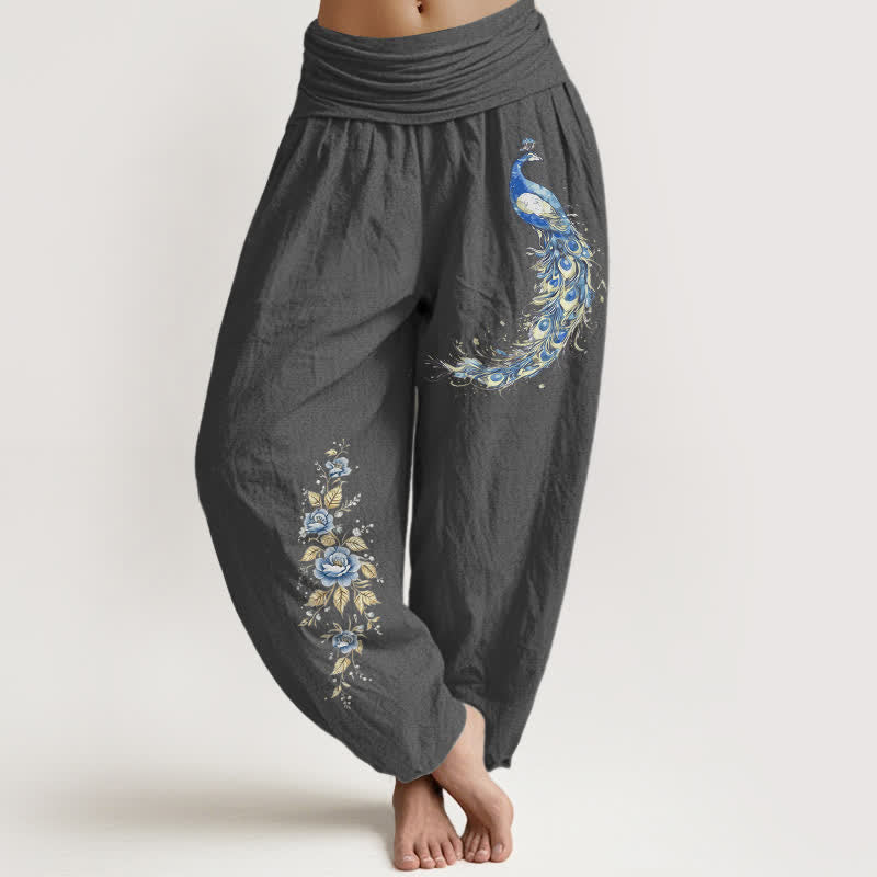 Buddha Stones Pantaloni harem da donna in puro cotone con motivo a fiori di pavone e elastico in vita. - Grigio tenue - US16, UK/AU20, EU48 (3XL) - image 11