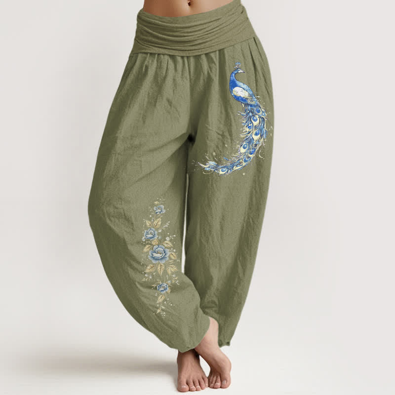 Buddha Stones Pantaloni harem da donna in puro cotone con motivo a fiori di pavone e elastico in vita. - Verde oliva - US16, UK/AU20, EU48 (3XL) - image 14
