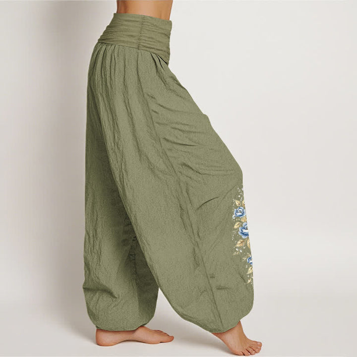 Buddha Stones Pantaloni harem da donna in puro cotone con motivo a fiori di pavone e elastico in vita. - image 15