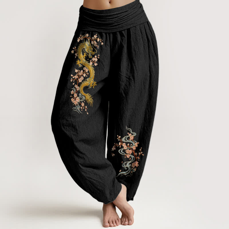 Buddha Stones Pantaloni harem da donna in puro cotone con motivo drago dorato e fiori rosa, vita elasticizzata. - Nero - US16, UK/AU20, EU48 (3XL) - image 0