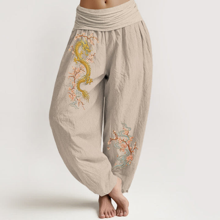 Buddha Stones Pantaloni harem da donna in puro cotone con motivo drago dorato e fiori rosa, vita elasticizzata. - Tan - US16, UK/AU20, EU48 (3XL) - image 5