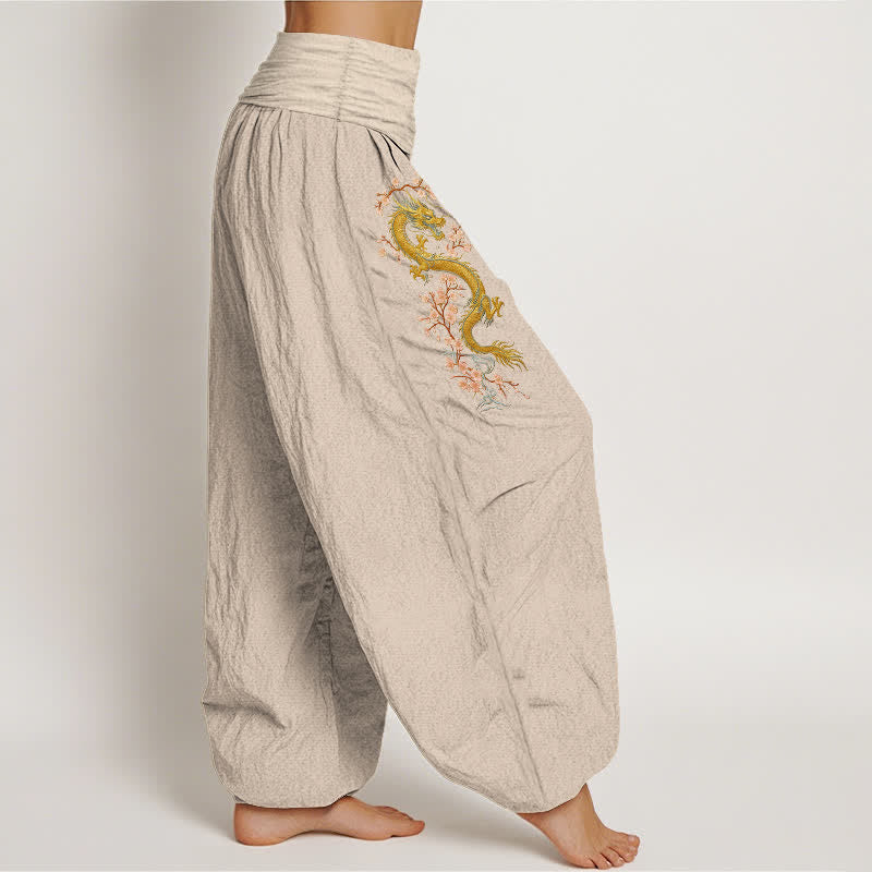 Buddha Stones Pantaloni harem da donna in puro cotone con motivo drago dorato e fiori rosa, vita elasticizzata. - image 6