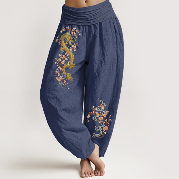 Buddha Stones Pantaloni harem da donna in puro cotone con motivo drago dorato e fiori rosa, vita elasticizzata. - Blu ardesia scuro - US16, UK/AU20, EU48 (3XL) - image 8