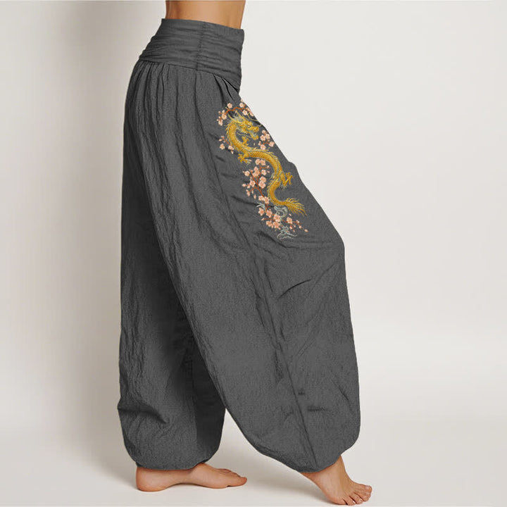 Buddha Stones Pantaloni harem da donna in puro cotone con motivo drago dorato e fiori rosa, vita elasticizzata. - image 12