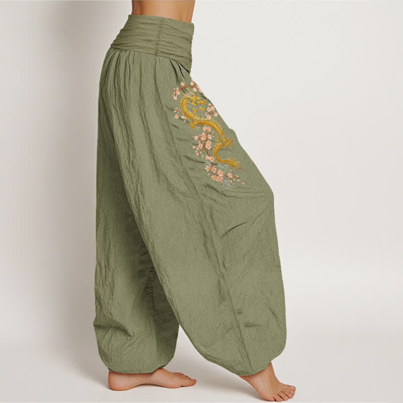 Buddha Stones Pantaloni harem da donna in puro cotone con motivo drago dorato e fiori rosa, vita elasticizzata. - image 15