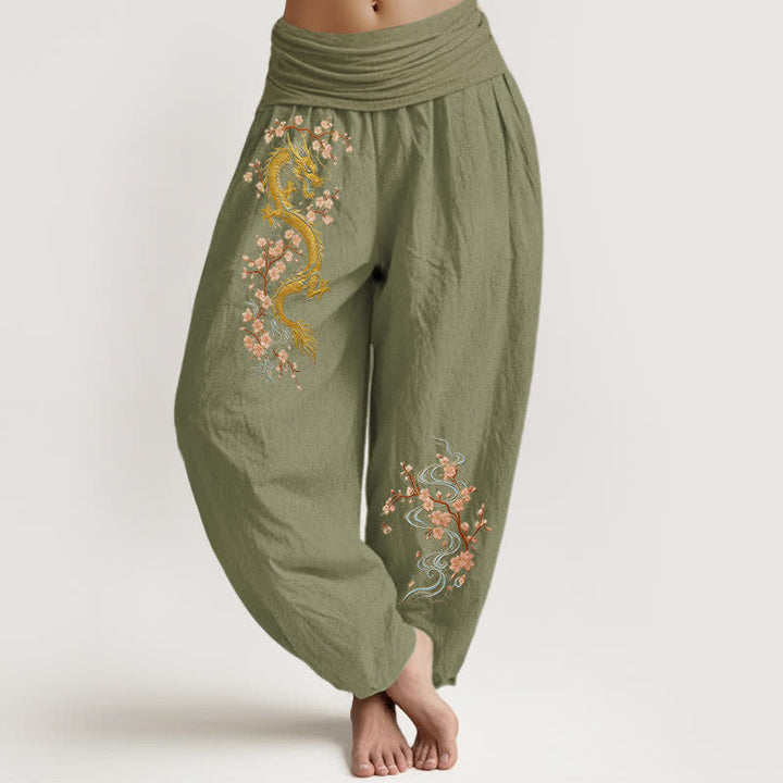 Buddha Stones Pantaloni harem da donna in puro cotone con motivo drago dorato e fiori rosa, vita elasticizzata. - Verde oliva - US16, UK/AU20, EU48 (3XL) - image 14