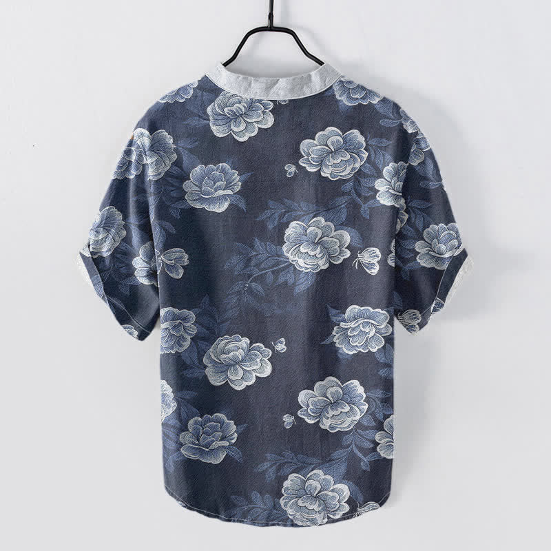 Buddha Stones Camicia da uomo a maniche corte con mezza abbottonatura, in cotone, con motivo vintage di peonie. - image 1