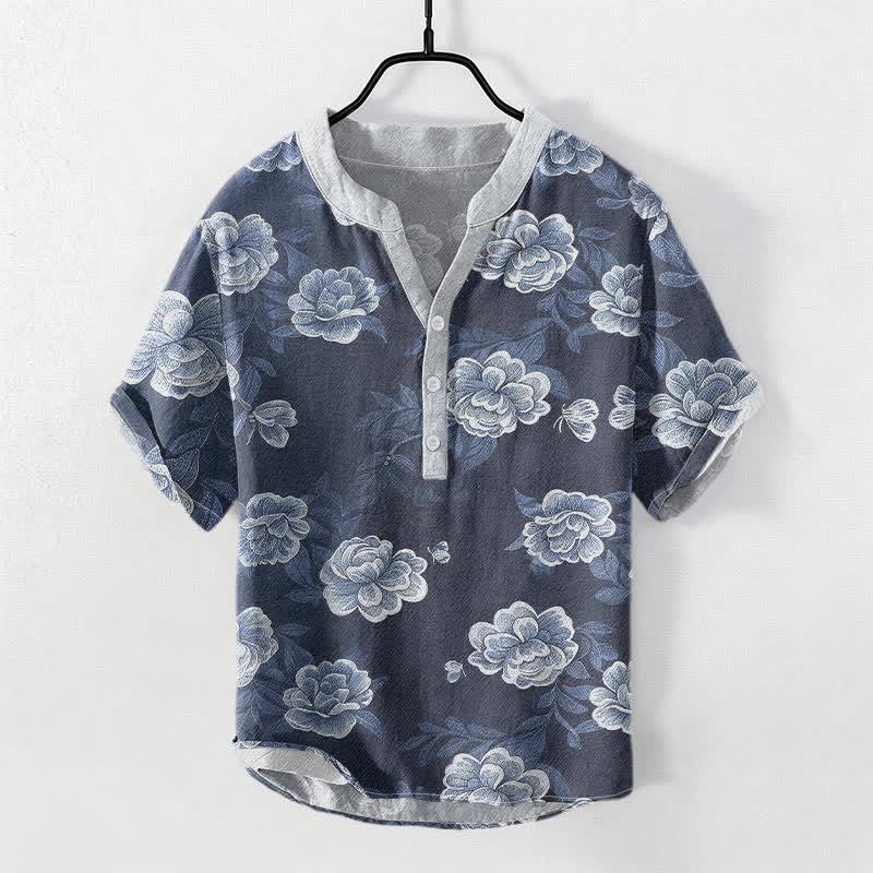 Buddha Stones Camicia da uomo a maniche corte con mezza abbottonatura, in cotone, con motivo vintage di peonie. - SteelBlue - US/UK/AU50, EU60 (5XL) - image 0