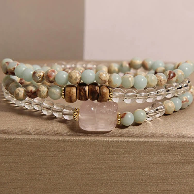 Buddha Stones Bracciale PiXiu a triplo giro in rodonite, quarzo trasparente e quarzo rosa. - Pietra Shoushan (Circonferenza del polso: 17–18 cm) - image 10