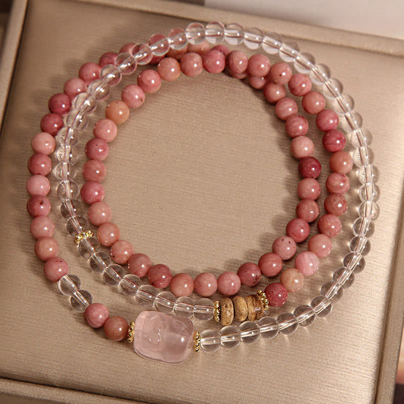 Buddha Stones Bracciale PiXiu a triplo giro in rodonite, quarzo trasparente e quarzo rosa. - image 3