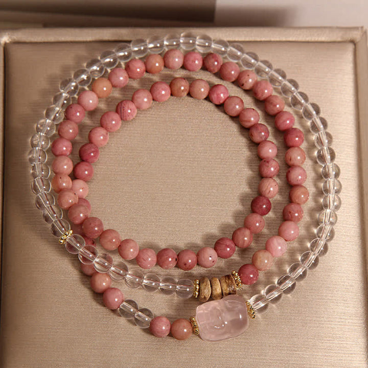 Buddha Stones Bracciale PiXiu a triplo giro in rodonite, quarzo trasparente e quarzo rosa. - image 4