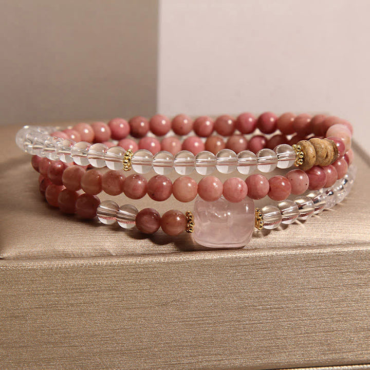 Buddha Stones Bracciale PiXiu a triplo giro in rodonite, quarzo trasparente e quarzo rosa. - image 2