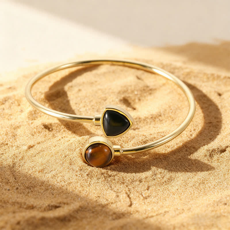Buddha Stones Bracciale rigido regolabile aperto con amazzonite e vari cristalli, positivo. - Ossidiana nera occhio di tigre naturale (il colore può variare) - image 27