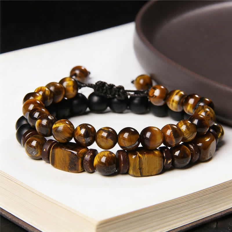 Buddha Stones Bracciale a doppio giro con perline quadrate in ematite occhio di tigre (2 pezzi) - image 8