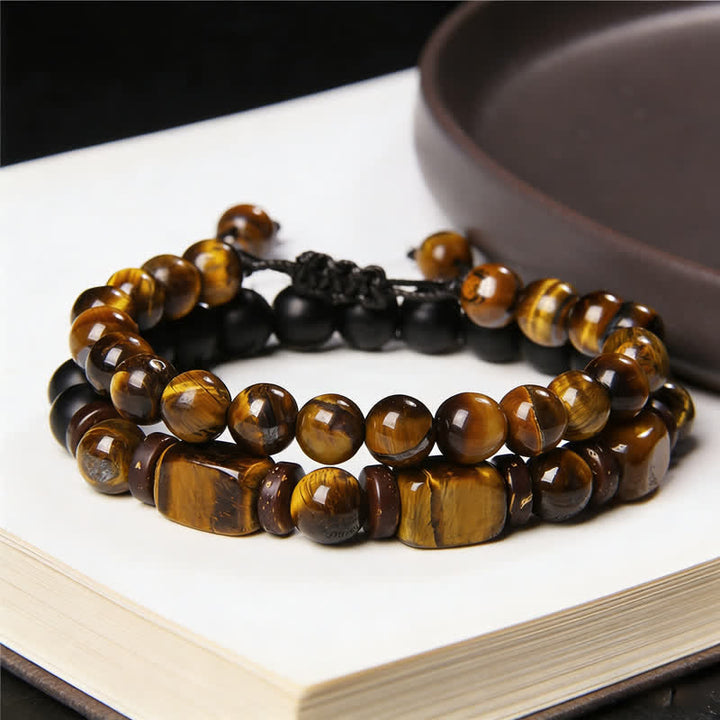 Buddha Stones Bracciale a doppio giro con perline quadrate in ematite occhio di tigre (2 pezzi) - image 8