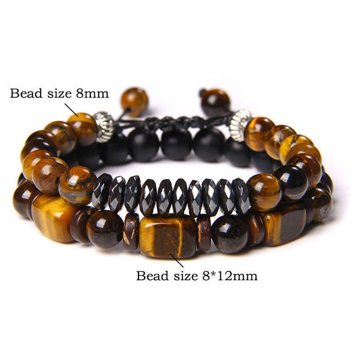 Buddha Stones Bracciale a doppio giro con perline quadrate in ematite occhio di tigre (2 pezzi) - 2 pezzi di ematite sfaccettata occhio di tigre (circonferenza del polso: 16-17 cm) - image 0