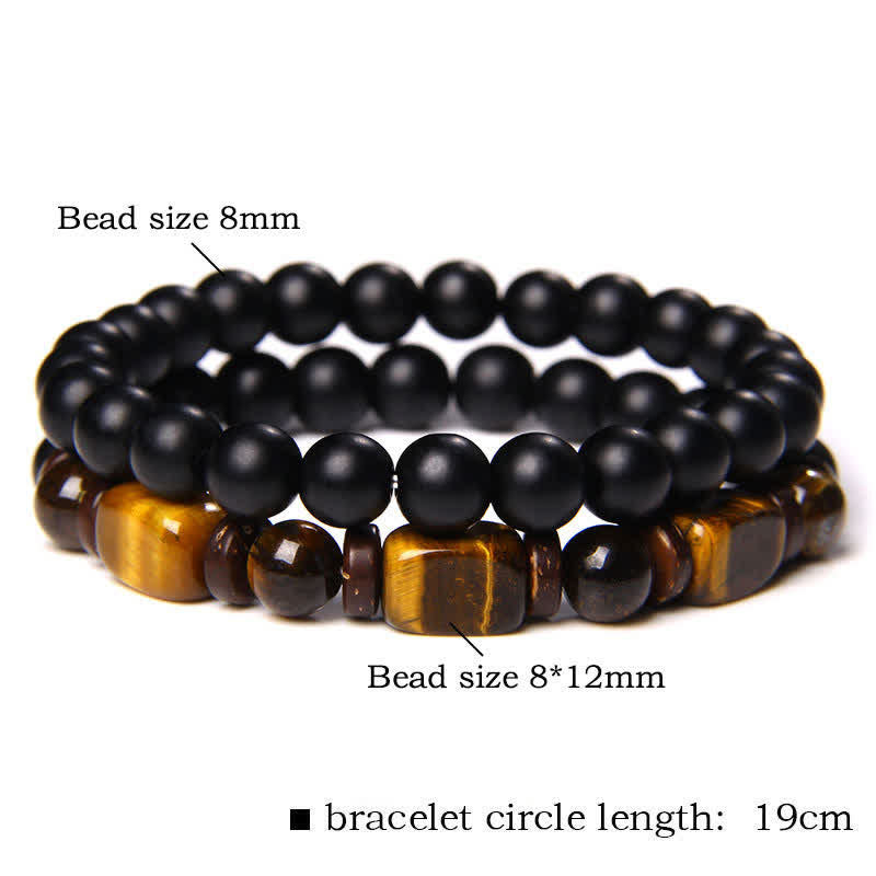 Buddha Stones Bracciale a doppio giro con perline quadrate in ematite occhio di tigre (2 pezzi) - 2 pezzi Occhio di tigre in vetro nero (Circonferenza del polso: 16–17 cm) - image 4