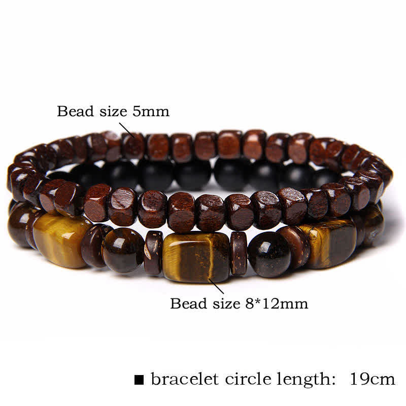 Buddha Stones Bracciale a doppio giro con perline quadrate in ematite occhio di tigre (2 pezzi) - 2 pezzi Occhio di tigre quadrato in legno (circonferenza del polso: 16–17 cm) - image 1