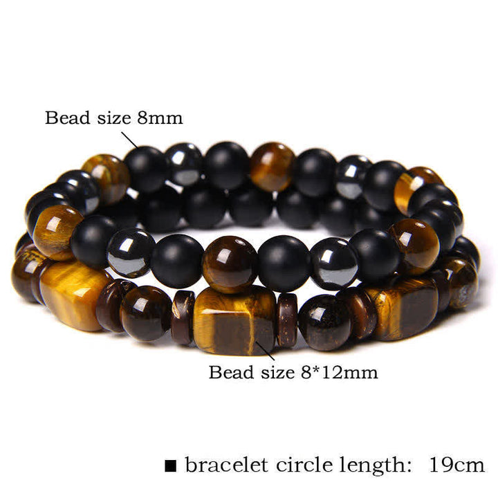 Buddha Stones Bracciale a doppio giro con perline quadrate in ematite occhio di tigre (2 pezzi) - 2 pezzi Occhio di tigre, ematite, vetro nero (circonferenza del polso: 16–17 cm) - image 2