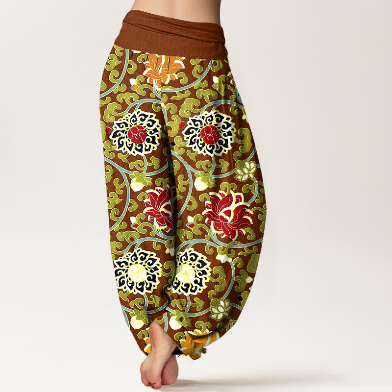 Buddha Stones Pantaloni harem da donna in puro cotone, stile bohémien, con elastico in vita e fantasia a loto. - image 6