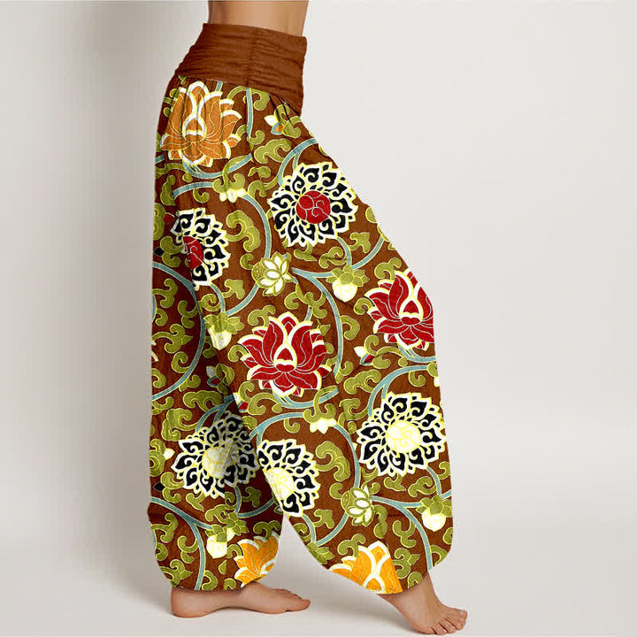 Buddha Stones Pantaloni harem da donna in puro cotone, stile bohémien, con elastico in vita e fantasia a loto. - image 7