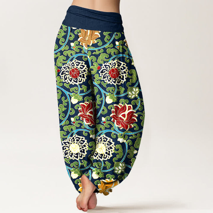 Buddha Stones Pantaloni harem da donna in puro cotone, stile bohémien, con elastico in vita e fantasia a loto. - image 9