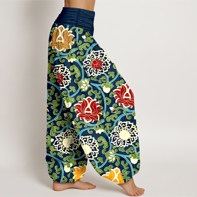 Buddha Stones Pantaloni harem da donna in puro cotone, stile bohémien, con elastico in vita e fantasia a loto. - image 10