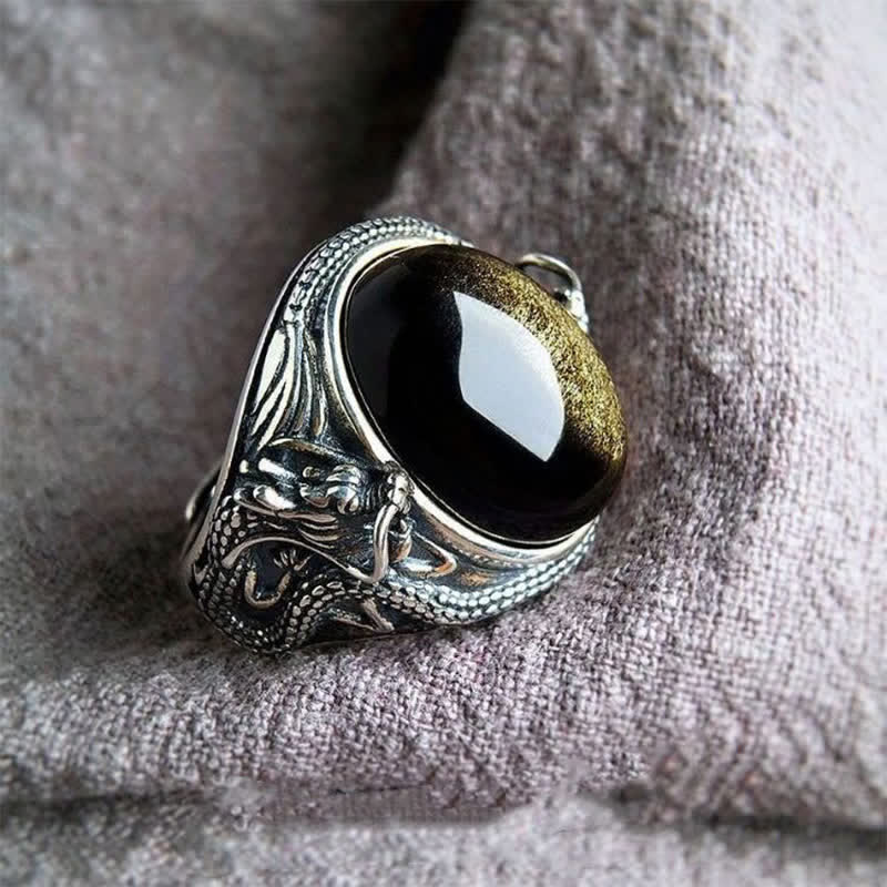 Buddha Stones Anello di protezione regolabile in rame e onice nero. - image 1