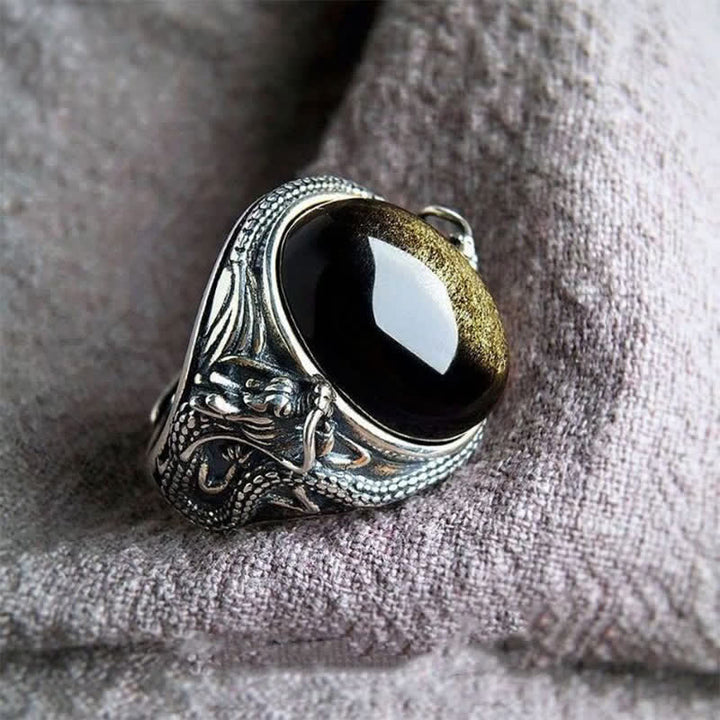 Buddha Stones Anello di protezione regolabile in rame e onice nero. - image 1