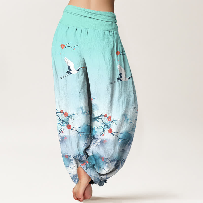 Buddha Stones Pantaloni harem da donna in puro cotone blu sfumato con motivo a fiori di gru e vita elasticizzata. - image 6