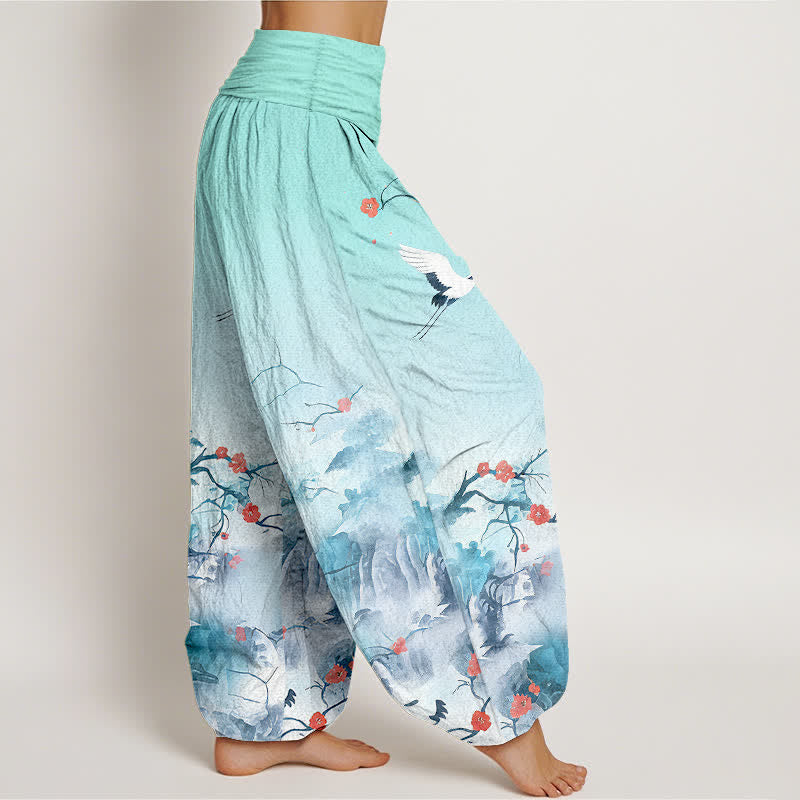 Buddha Stones Pantaloni harem da donna in puro cotone blu sfumato con motivo a fiori di gru e vita elasticizzata. - image 7