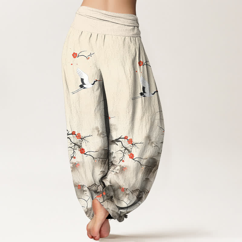 Buddha Stones Pantaloni harem da donna in puro cotone blu sfumato con motivo a fiori di gru e vita elasticizzata. - image 9